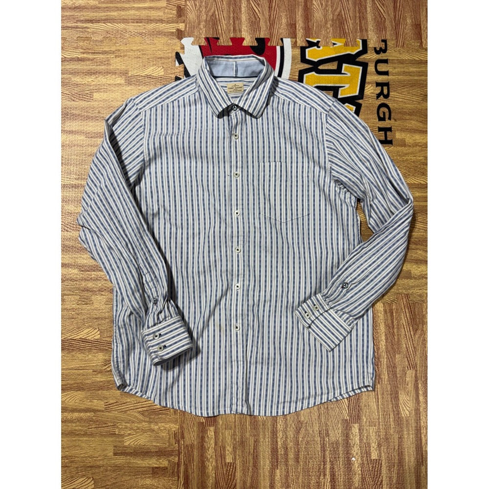 Tommy‎ Bahama Jeans Mens Blue White Striped Long Sleeve Button Down Shirt Cotton